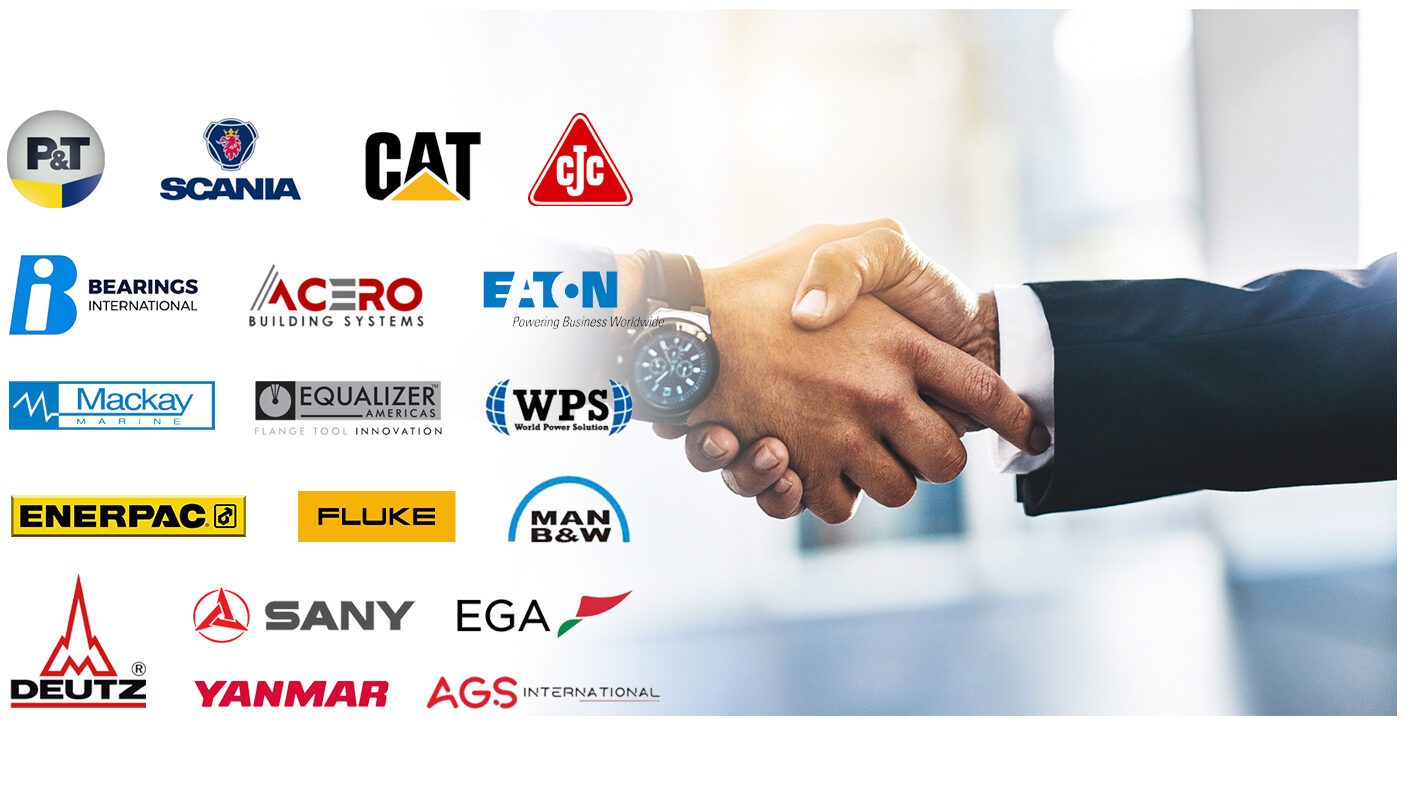 Logótipos das marcas parceiras da GV Multi-Services: Scania, CAT, Eaton, Fluke, Sany, Deutz, Yanmar, entre outras